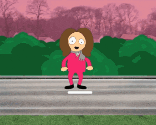 a cartoon character in a pink outfit is standing on a street