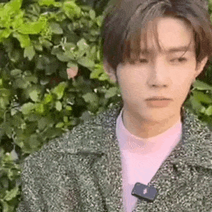 a young man wearing a pink shirt and a sweater is standing in front of a bush .