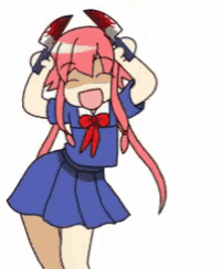 a cartoon girl with pink hair is holding a gun to her head