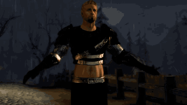 a man in a black and gold outfit is standing in the dark