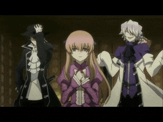 a group of anime characters standing next to each other including a girl in a purple dress
