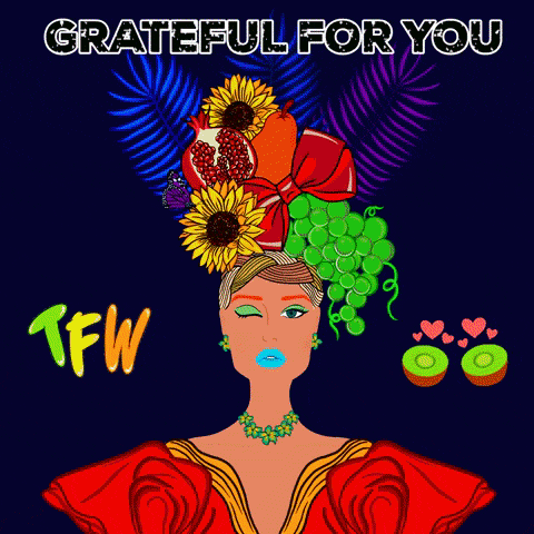 an illustration of a woman with flowers on her head with the words grateful for you tfw fam
