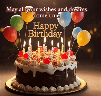a birthday cake with candles and balloons and the words may all your wishes and dreams come true happy birthday