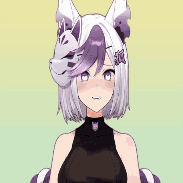 a girl with purple hair and a mask on her head