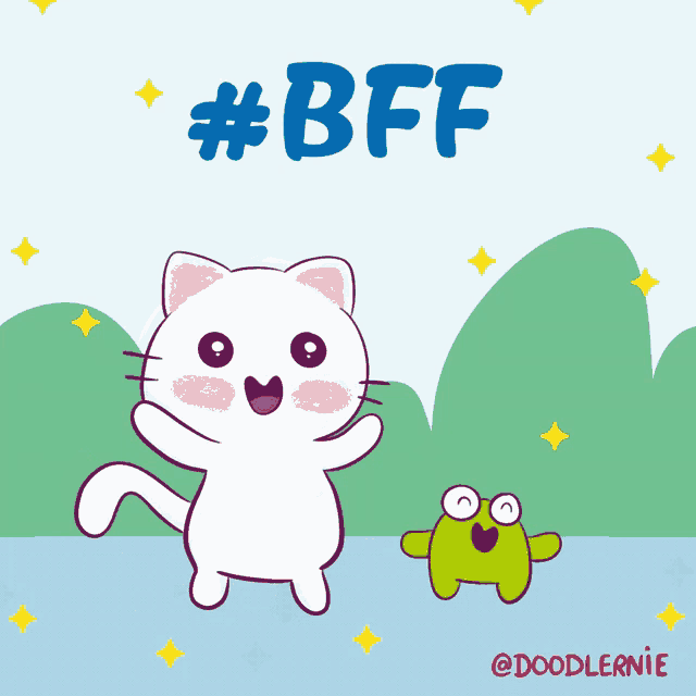 a cartoon drawing of a cat and frog with the words #bff above them