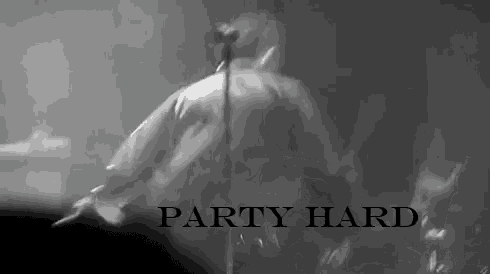 a black and white photo of a man playing a guitar and singing into a microphone with the words party hard below him