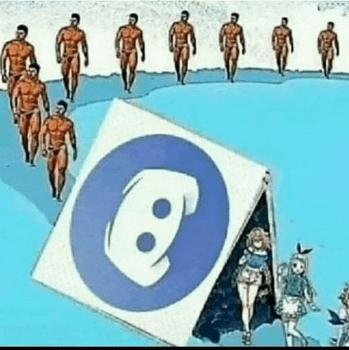 a group of naked men are walking around a sign that says ' discord ' on it .