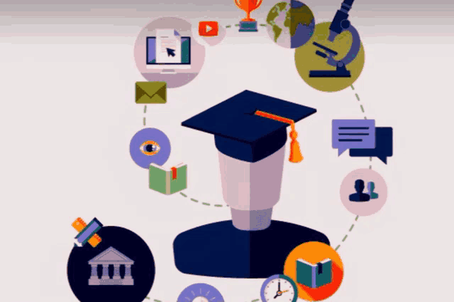 an illustration of a graduation cap surrounded by icons