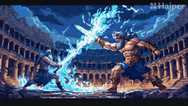 a pixel art illustration of zeus and poseidon fighting