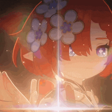 a close up of a girl with flowers in her hair and a light behind her