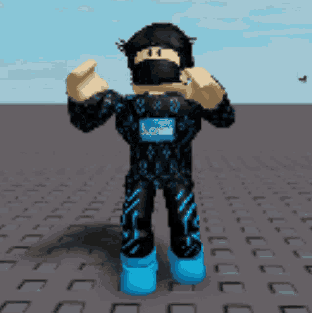 a roblox character is wearing a black mask and a blue shirt that says supreme