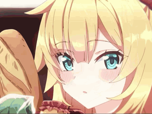 a close up of a blonde anime girl with blue eyes