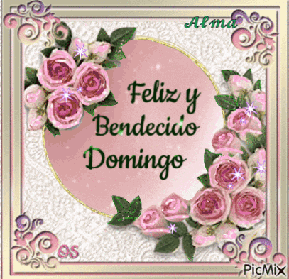 a card that says feliz y benedicio domingo with pink roses