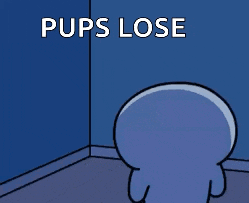 a cartoon character standing in a corner with the words pups lose written above him