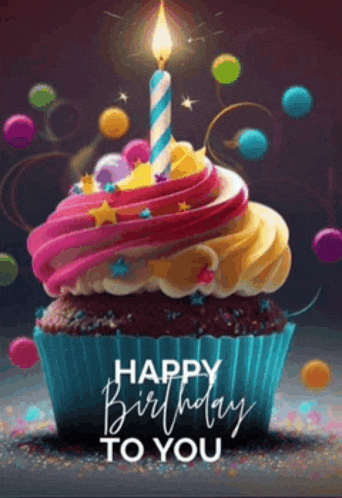 a colorful cupcake with a lit candle and the words happy birthday to you