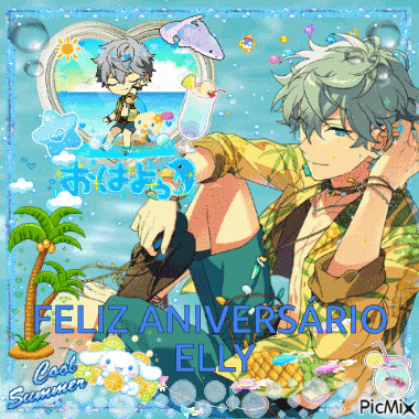 a picture of a boy sitting on the beach with the words feliz aniversario elly