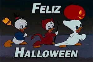 a cartoon of three ducks dressed up for halloween with the words feliz halloween below them