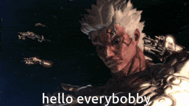 a video game character says hello everybody in front of a spaceship