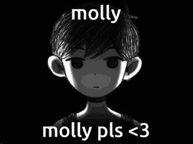 a black and white drawing of a person with the words molly molly pls < 3