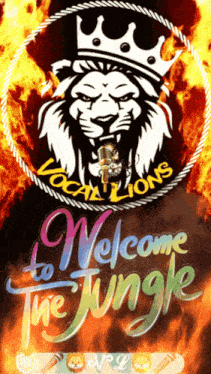 a lion wearing a crown is holding a microphone and the words welcome to the jungle are below it