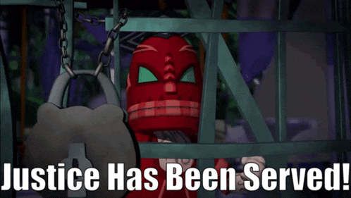 a cartoon character is chained to a padlock with the words justice has been served below him