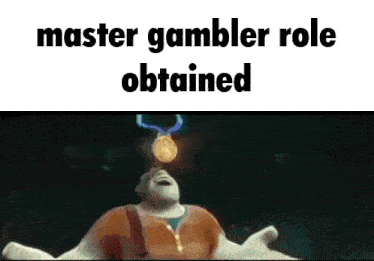 a picture of a man holding a gold medal with the words master gambler role obtained above him