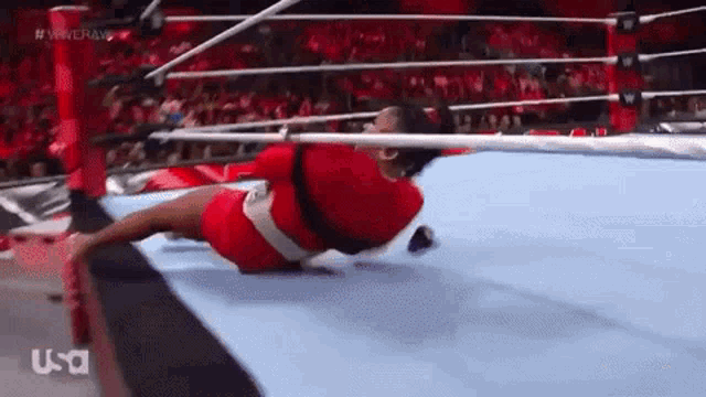 a woman in a red dress is wrestling in a wrestling ring .