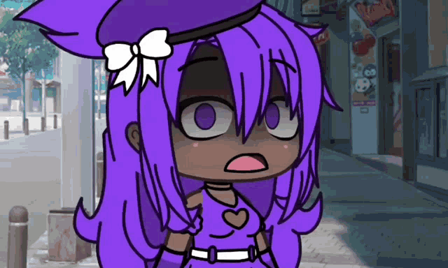 a cartoon of a girl with purple hair and a white bow on her head