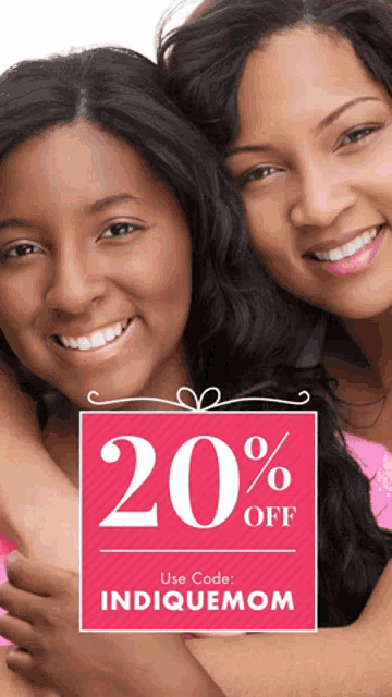 a sign that says 20 % off with two women hugging each other