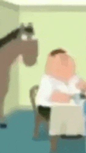 peter griffin is sitting at a table with a horse in the background .