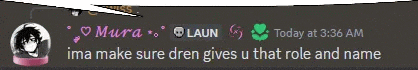 a screenshot of a discord conversation between mura and laun where mura says ima make sure dren gives u that role and name