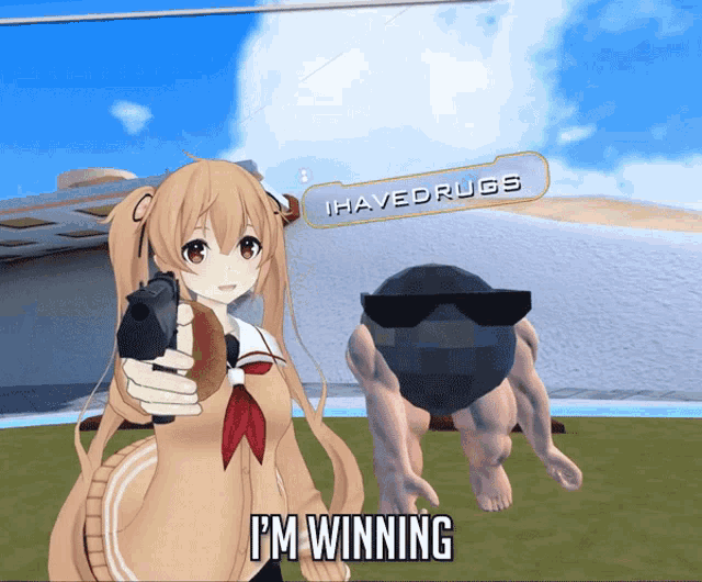 a girl holding a gun with the words i 'm winning on the bottom