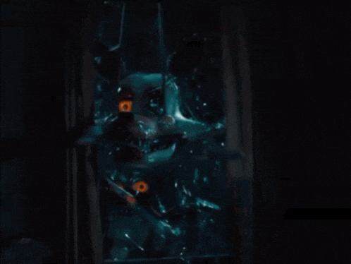 a person is looking out of a broken glass door in a dark room