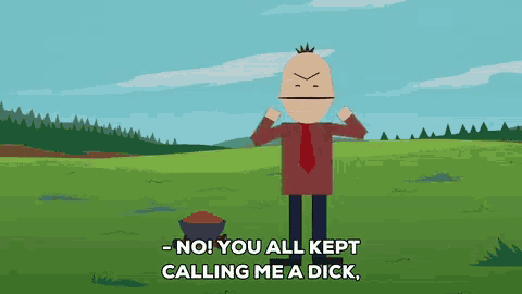 a cartoon character is standing in a field with the words and so then that turned me into a dick below him