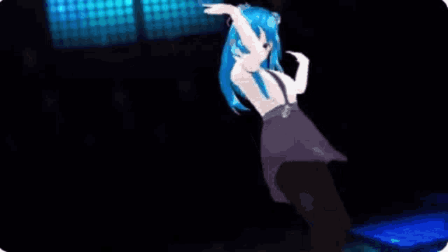 a girl with blue hair is dancing in a dark room with blue lights .