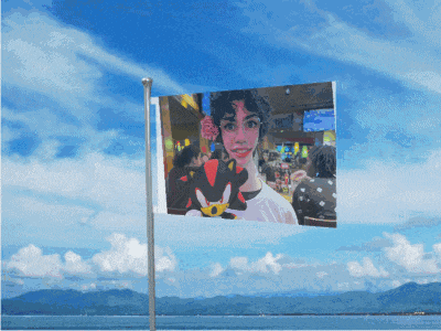 a flag with a picture of a woman and shadow the hedgehog