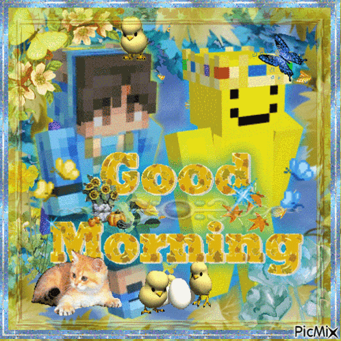 a picture of a boy and a yellow bear with the words good morning written on it