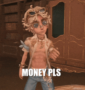 a cartoon character with the words money pls written on the bottom of his chest