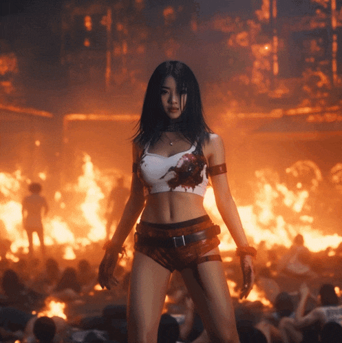 a woman is standing in front of a crowd of people in a burning building