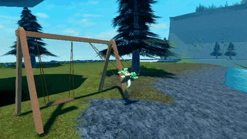 a person is swinging on a wooden swing set in a video game