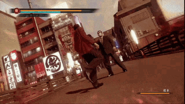 a video game is being played in a city with chinese characters