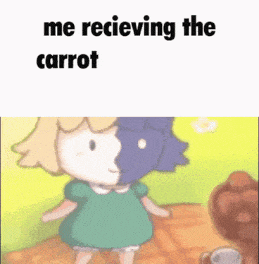 a girl in a green dress is receiving a carrot from a cartoon character .