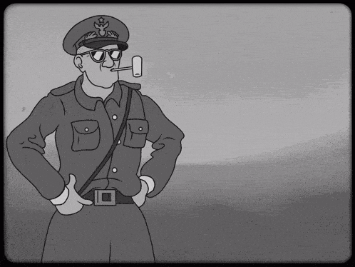 a black and white drawing of a man in a military uniform smoking a pipe