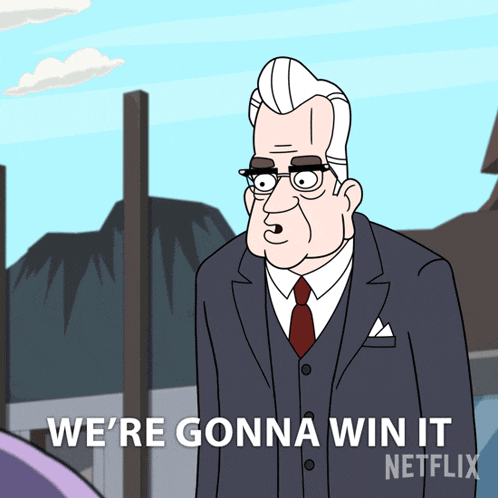 a cartoon of a man in a suit and tie says we 're gonna win it