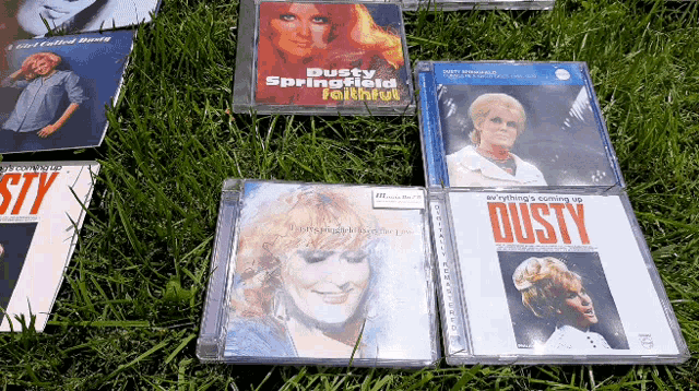 a collection of dusty springfield cd 's are sitting on the grass