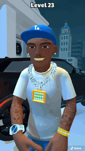 a man wearing a blue hat and a necklace with a pendant that says level 23