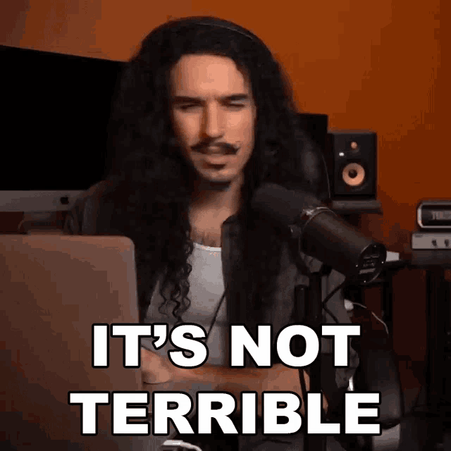 a man with long hair and a mustache is sitting in front of a laptop and says it 's not terrible