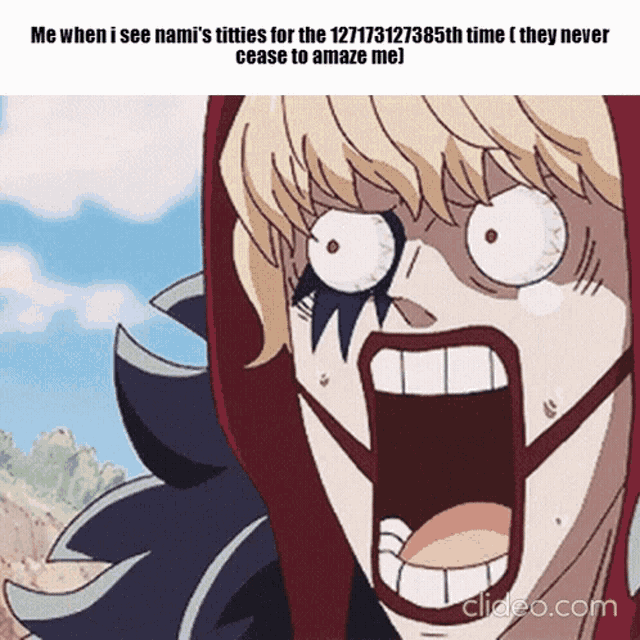 a cartoon character with a surprised look on his face says me when i see nami 's tits