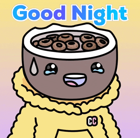 a cartoon of a person with a bowl of cereal on their head and the words " good night "