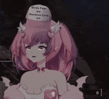 a girl with pink hair and horns wearing a hat that says birds fear me maidens love me